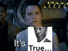 a woman holding a picture of a man with the words it 's true