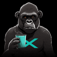 a gorilla is holding a cup of coffee with an x on his chest