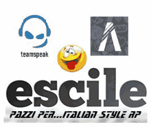 a smiley face with a tongue sticking out is surrounded by logos for teamspeak escile and pazzi per italian style