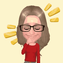 a cartoon woman wearing glasses and a red shirt is covering her mouth with her hand .