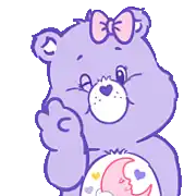 a purple care bear with a pink bow and a pink star on its head .