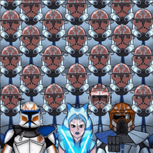 a group of clone trooper soldiers standing in front of a wall of clone helmets