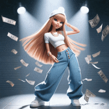 a doll is standing in front of a spotlight with money falling from the sky