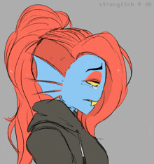 a drawing of a woman with red hair and a blue face is titled strongfish @ da