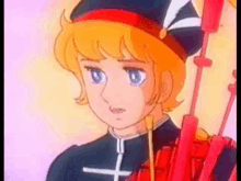 a cartoon boy is wearing a hat and holding a bagpipe .