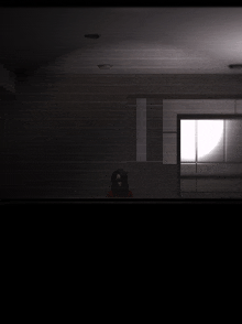 a dark room with a window and a person standing in the corner