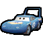 a pixel art drawing of a blue car from the movie cars on a white background .