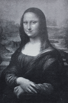 a black and white photo of a painting of mona lisa by leonardo da vinci