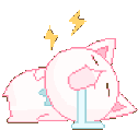 a pixel art illustration of a pink cat laying down with lightning bolts .