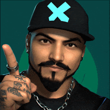 a man with a beard and mustache wearing a black hat with a blue x on it