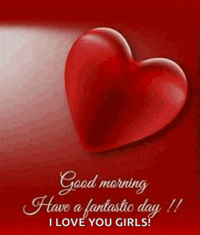 a red heart is on a red background with the words `` good morning have a fantastic day ! i love you girls '' .