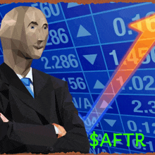 a man in a suit and tie stands in front of a stock chart that says $ aetr