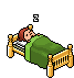 a pixel art illustration of a gnome sitting in a bed .