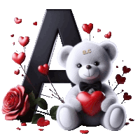 a teddy bear holds a red heart in front of a letter a