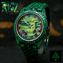 a green rolex watch with roman numerals and a hulk face