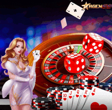 a woman holding a playing card stands in front of a roulette wheel and dice