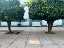 a blue trash can sits in the middle of a courtyard surrounded by trees