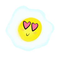 a cartoon drawing of a fried egg with hearts for eyes