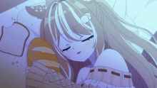 a girl with long blonde hair is sleeping in a bed
