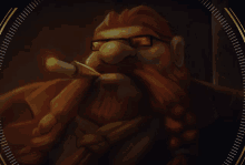 a bearded man with glasses is smoking a cigar