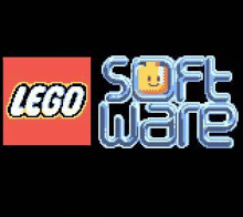 a pixel art of a lego logo with the words `` soft ware '' .