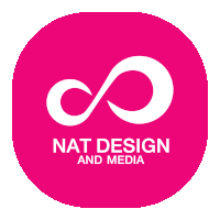 a pink logo for nat design and media with a white infinity symbol