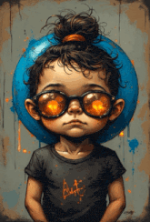 a drawing of a child wearing sunglasses and a shirt that says a4f