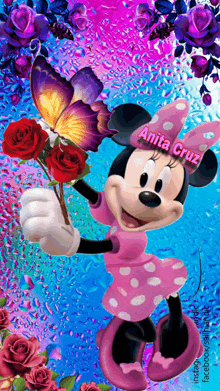 minnie mouse is holding a bouquet of roses and a butterfly with the name anita cruz on her hat