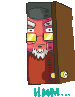 a cartoon of a man peeking out of a door with the word hmm written below him