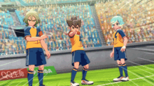 three soccer players are standing on a field and one has the number 1 on their jersey