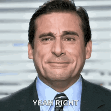 a man in a suit and tie is crying and saying " yeah right "