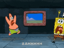 patrick star and spongebob squarepants are jumping in the air in a room .