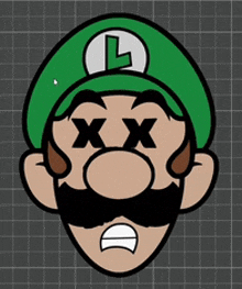 a cartoon character with a green hat and a white letter l on his head