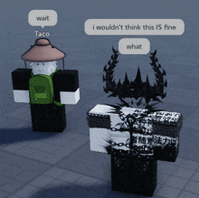 two roblox characters are talking to each other with one saying wait