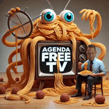 a man is eating spaghetti in front of an agenda free tv television