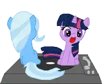 twilight sparkle is sitting on a record player next to trixie swirl