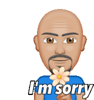 a cartoon of a man holding a flower with the words i 'm sorry below him