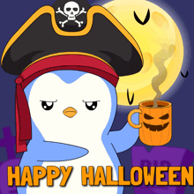 a penguin wearing a pirate hat is holding a pumpkin and the words happy halloween are below it