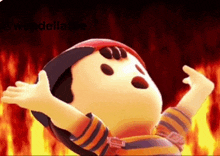 a cartoon character with his arms outstretched in front of a fire .