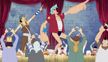 a group of cartoon characters are dancing in front of a crowd