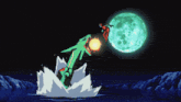 a cartoon of a green dragon flying in the air with a full moon behind it