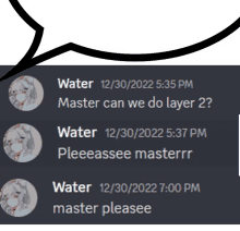 a screenshot of a discord conversation between water and master please