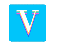 the letter v is on a blue background with rainbow stripes