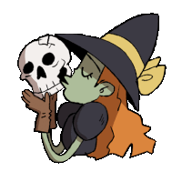 a cartoon witch is kissing a skull on the cheek