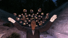 a man with his arms outstretched is surrounded by cubes that are flying around him