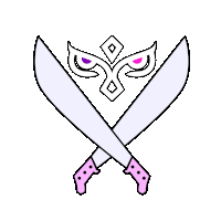 a drawing of two crossed swords and a mask with purple eyes