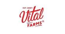 a red and white logo for vital farms is on a white background .