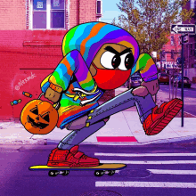 a cartoon drawing of a person holding a pumpkin and wearing a rainbow colored hoodie