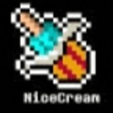 a pixel art drawing of a person holding a bottle with the words n1ocream written below it .