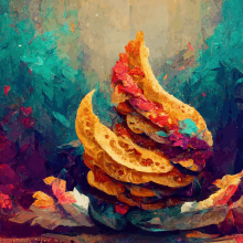 a painting of a stack of pancakes with a blue background